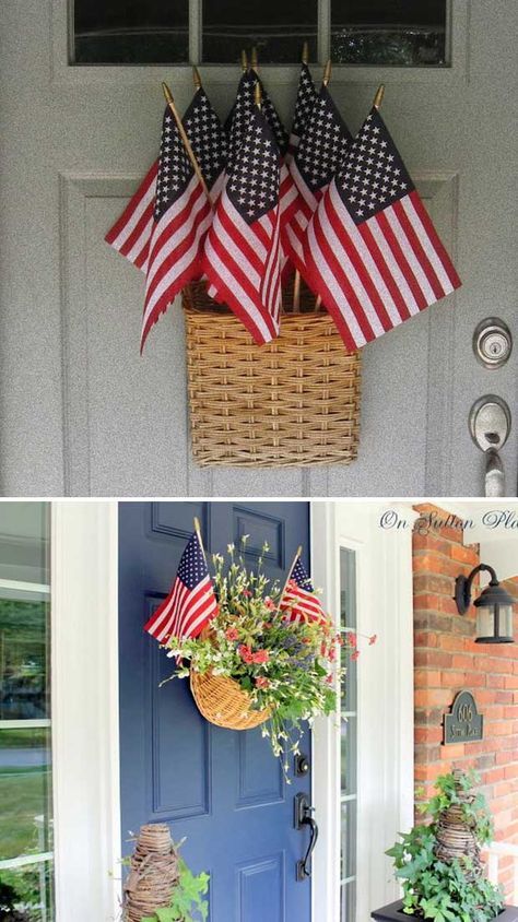 Diy 4th Of July Decorations, Basket Wreath, Fourth Of July Decorations, 4th July Crafts, Vintage Basket, Fourth Of July Food, Fourth Of July Decor, Diy Outdoor Decor, American Flags