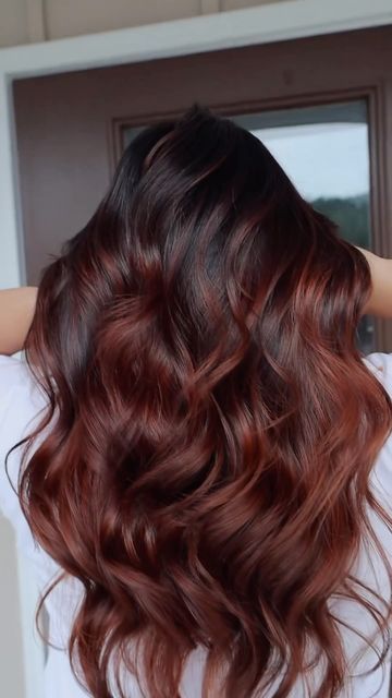 Balayage Hair Reddish Brown, Chestnut Red Balayage, Red In Brunette Hair, Copper Balayage Asian Hair, Balayage Brunette To Red, Brown Red Copper Balayage, Dark Auburn Ombre Hair, Brown With Red Undertones Hair, Red And Brunette Balayage