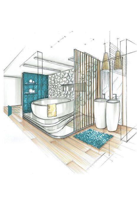 Sketching Your Visions into Reality: Designing Your Dream Residence Bathroom Sketch Perspective, Bathroom Sketch Drawing, Bathroom Perspective Drawing, Bathroom Design Drawing, Interior Space Drawing, Bathroom Perspective, Interior Design Perspective, Bathroom Drawings, Bathroom Turquoise