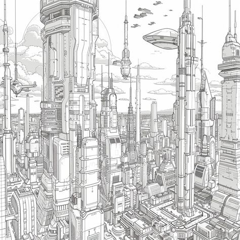 Futuristic Cityscape Illustration: Detailed black and white illustration of a futuristic cityscape with towering skyscrapers and flying vehicles. #illustration #futuristic #cityscape #skyscrapers #black and white #aiart #aiphoto #stockcake ⬇️ Download and 📝 Prompt 👉 https://ayr.app/l/rzm2 City Of The Future Drawing, Futuristic City Drawing, Future City Drawing, City Building Illustration, Vehicles Illustration, Cityscape Illustration, Futuristic Cities, Futuristic Cityscape, Futuristic Building