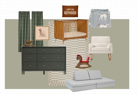 Baby Boy’s Nursery – Amy Gannett Nursery Grey Furniture, Nursery Mood Board, Nursery Grey, Grey Nursery Boy, British Dog, Green Lamp, Baby Boy Nursery, Reading Pillow, Grey Furniture