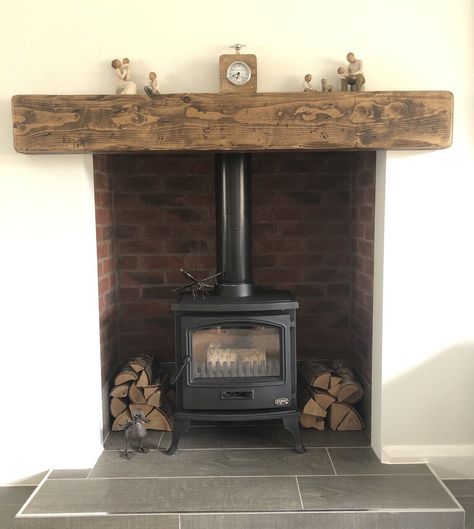 Chunky Mantle, Wood Lintel, Rustic Fireplace Mantle, Oak Beam Fireplace, Mantel Beam, Beam Fireplace, Wood Burning Stoves Living Room, Floating Mantle, Beam Mantel