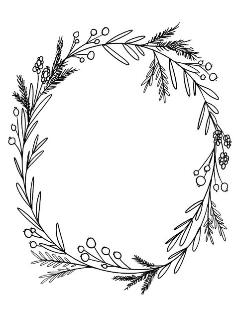 Drawn Wreath Christmas, Floral Embroidery Wreath, Simple Wreath Drawing, Christmas Wreath Doodle, Floral Wreath Drawing, Christmas Line Art, Joy Wreath, Wreath Illustration, White Christmas Wreath