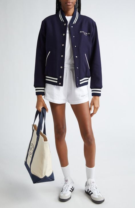 Sporty & Rich Eden Crest Wool Varsity Jacket | Nordstrom Ralph Lauren Sportswear, Cool Mom Aesthetic, Vintage Athleisure, Disco Shorts, Hotel Du Cap, Sport Uniform, Eden Roc, Pacific Islander, School Wear