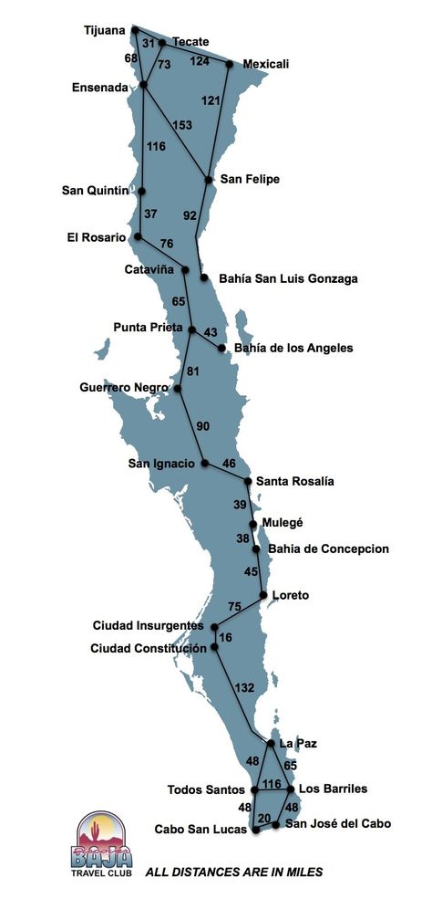 Baja California mileage guide Guide Illustration, Ensenada Baja California, Road Trip Map, Baja California Mexico, Living In Mexico, San Jose Del Cabo, California Map, Baja California Sur, California Travel Road Trips