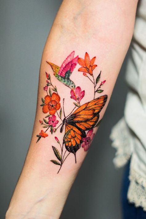 Colorful Hummingbird Tattoo, Cute Couple Tattoo, Monarch Tattoo, Hummingbird Embroidery, Monarch Butterfly Tattoo, Colorful Butterfly Tattoo, Ring Tattoo Designs, Couple Tattoo Ideas, Cupid Tattoo