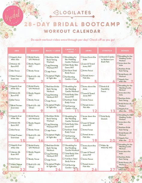 28-Day Bridal Bootcamp Workout Calendar Bridal Bootcamp Workout, Cardio Moves, Wedding Workout Plan, Fancy Gym, Bridal Bootcamp, Bridal Workout, Beachbody Workout, Bootcamp Workout, Bride Workout