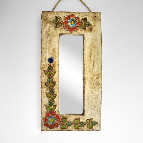 For sale: La Roue wall mirror, France 1960s | #vntg #vintage Clay Mirror Frame, Clay Mirror, Ceramic Mirror, Ceramic Color, Rustic Materials, Bird Boxes, Mirror Frame, Cornice, History Design