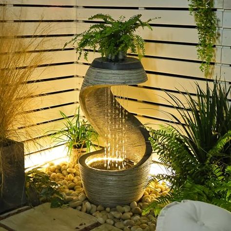 SERBILHOME Garden Outdoor Water Fountains Waterfall - Indoor Floor Standing Outdoor Fountain 35" Modern Curved Fountain Contemporary Design with LED Lights for Home Garden, Yard, Patio, Office Water Fountain Garden, Patio Water Fountain, Indoor Waterfall Fountain, Fountain Waterfall, Fountain Outdoor, Fountain Garden, Indoor Water Features, Outdoor Fountains, Indoor Water Fountains