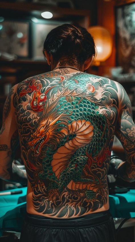 Japanese dragon full-back tattoo with intricate details and vivid colors, showcasing the skill of the tattoo artist. Japanese Snake, Japanese Snake Tattoo, Fierce Dragon, Dragon Tattoos For Men, Snake Tattoos, Japanese Dragon Tattoo, Full Back Tattoos, Back Tattoos For Guys, Dragon Tattoo Designs