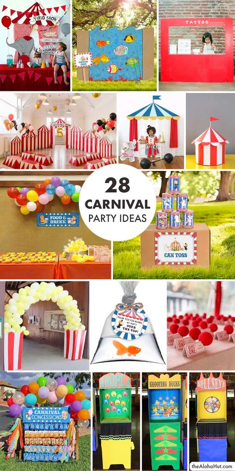 28 Awesome Carnival Party Ideas with a list of the best carnival games. Ideas for how to set up carnival booths and carnival tents. We've got lots of fun carnival ideas: popcorn garland, carnival concessions, carnival food, carnival signs, carnival decorations. Easy DIY carnival games: BINGO, scavenger hunt, mini golf, duck pond, fishing, carnival tattoos, carnival bean bag toss, duck games. Plus lots of ideas for the best carnival prizes and party favors. Carnival Birthday Games Diy, Carnival Theme Booth Ideas, Cheap Carnival Party Ideas, Carnival Set Up Ideas, Best School Carnival Games, Carnival Party Theme Decorations, Diy Carnival Concession Stand, Fun Fair Party Ideas, Carnival Office Party