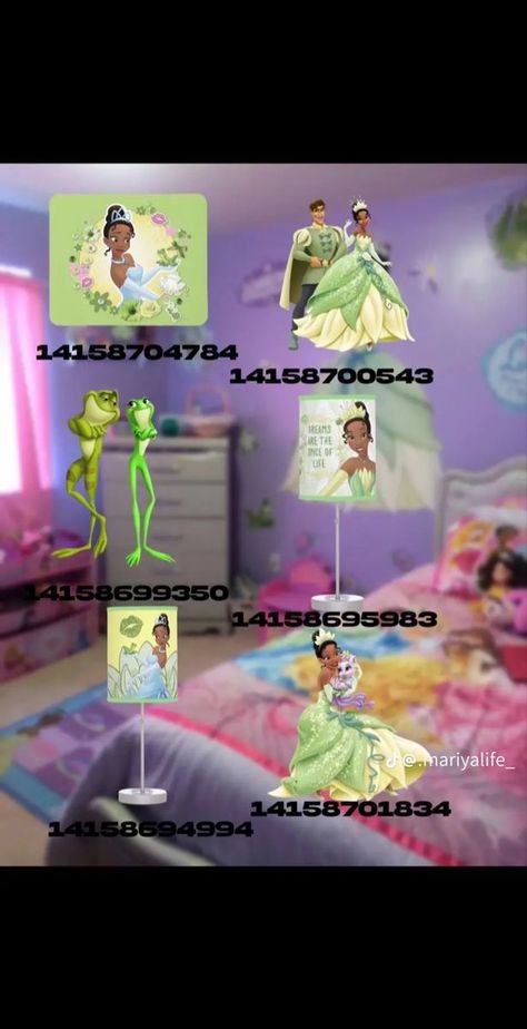 Moana Decal Codes Bloxburg, Princess Tiana Decal Codes Bloxburg, Tiana Decals Bloxburg, Princess Decals Bloxburg, Disney Decals Bloxburg, Ariel Outfit Ideas, Black Family Cartoon, Ariel Outfit, Girls Room Decals