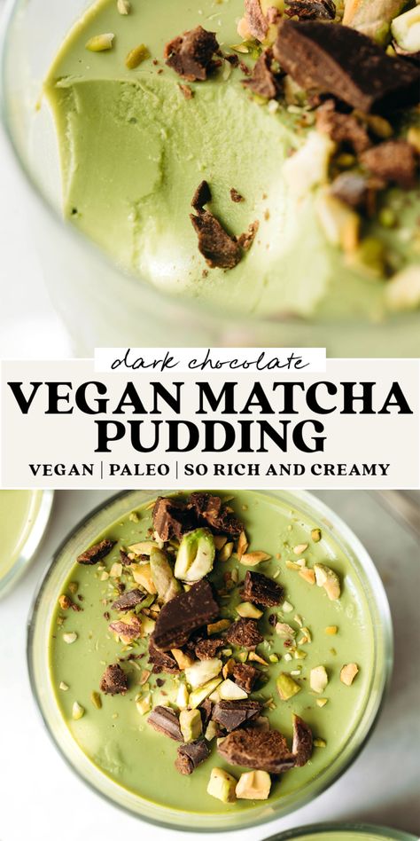 Rich and creamy matcha pudding with a dark chocolate hazelnut ganache layer underneath. Easy, vegan, and paleo-friendly! Match Recipes, Sweet Alternatives, Weird Recipes, Hazelnut Ganache, Matcha Dessert Recipes, Matcha Vegan, Creamy Matcha, Matcha Mousse, Matcha Pudding