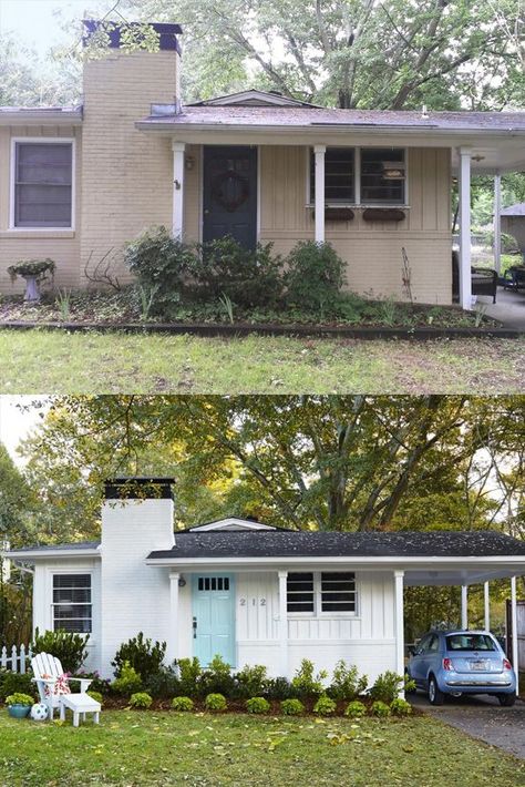 before and after curb appeal photos Covered Porch Makeover, Before And After Curb Appeal, Prairie Modern, Brick House Exterior Makeover, Hippie House, House Makeovers, House Before And After, Paint Inspo, Home Exterior Makeover