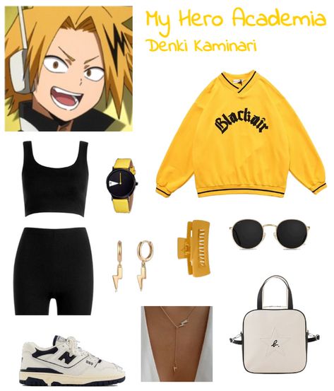 Get ready to show off your electrifying style with this Denki Kaminari look! This streetwear outfit features a comfortable black co-ord paired with a bold yellow jumper for a pop of colour. Perfect for those who want to make a statement and stay comfortable at the same time. Inspired by the hit anime series, My Hero Academia, this outfit is sure to bring out your inner hero. Don't miss out on the chance to shine like Denki Kaminari! My Hero Academia Denki Kaminari, My Hero Academia Denki, Preppy Earrings, Track Outfits, Sanrio Clothes, Cute Sweatpants Outfit, Denki Kaminari, Cute Sweatpants, Character Inspired Outfits