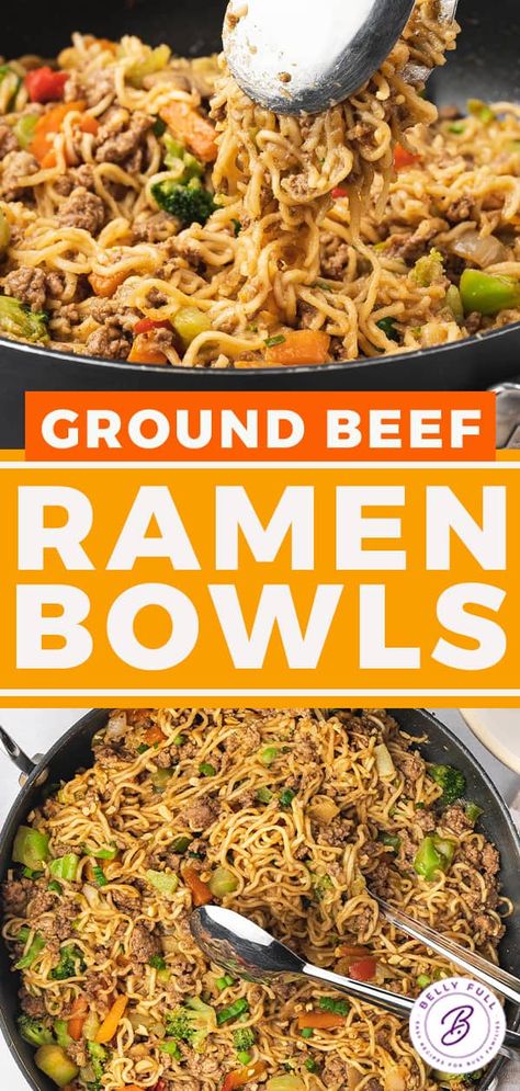 These Ground Beef Ramen Bowls are made with ramen noodles, ground beef, and stir fry veggies coated in a sweet and salty Asian stir-fry sauce. Ready in under 30 minutes, this ramen skillet makes a super delicious, quick and easy weeknight dinner. Hamburger Meat Ramen Noodles, 12 Tomatoes Ground Beef Ramen Skillet, Hamburger Ramen Noodle Stir Fry, Beef Ramen Noodle Recipes Crock Pot, Stirfry Ramen Recipes, Ramen Skillet Recipes, Beef And Noodle Bowl, Beef Ramen Stir Fry Easy, Ground Beef And Raman Noodles