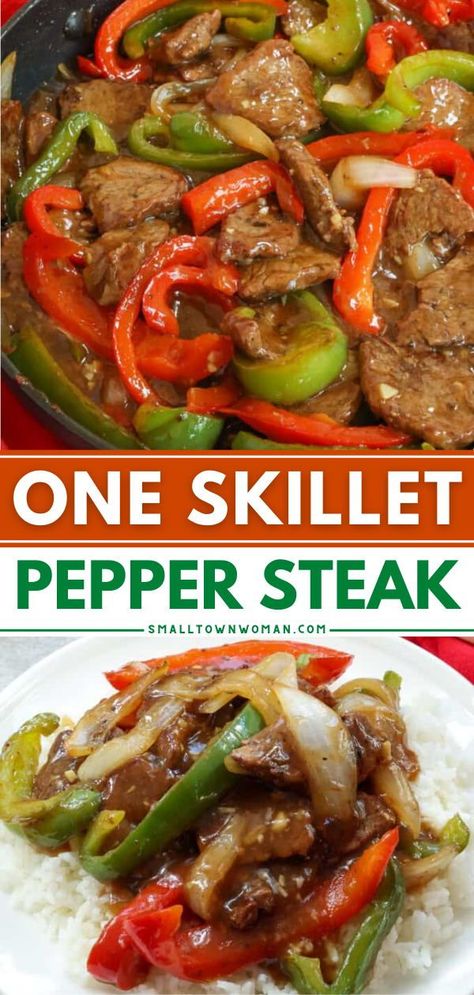 This easy Pepper Steak recipe is just what you need for weeknight dinners! It is a super flavor packed stir fry meal full of tender steak, crisp bell peppers, and onions all in a sweet and savory ginger sauce. Plus, it comes together in less than 30 minutes! Save this beef recipe for dinner! Pepper Steak Recipe Easy, Easy Pepper Steak Recipe, Steak And Peppers, Peper Steak, Steak Healthy, Pepper Steak And Rice, Beef Pepper Steak, Dinner Skillet, Healthy Skillet