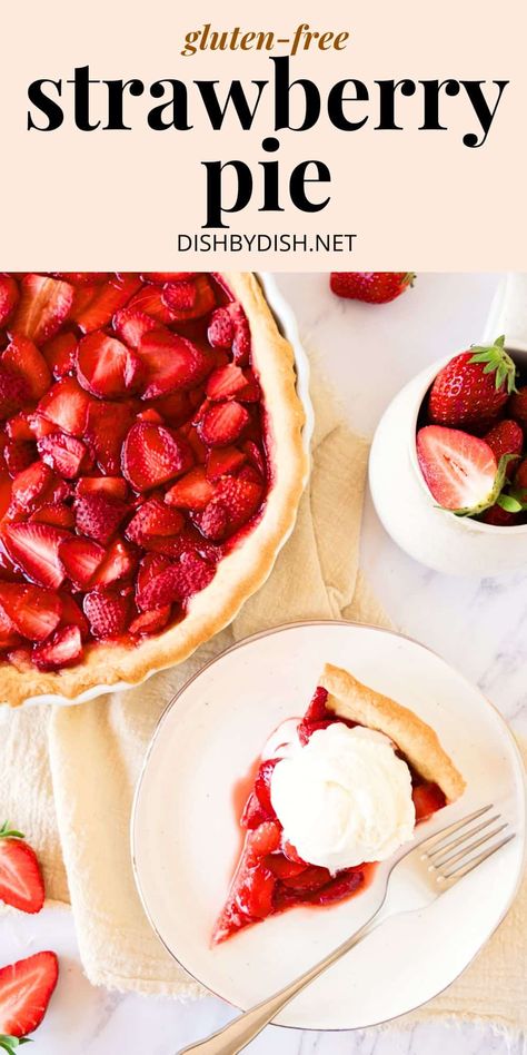 In this gluten-free strawberry pie recipe, a crunchy homemade pie crust is filled with sweet fresh strawberries. Perfect for the summer season, this delicious strawberry pie makes a great dessert on its own or topped with a generous scoop of vanilla ice cream. Totally dairy-free too. Gluten Free Strawberry Pie Recipe, Gluten Free Strawberry Pie, Gluten Free Pies, Pie Fillings, Strawberry Pie Recipe, Homemade Pie Crust, Gluten Free Pie, Homemade Pie Crusts, Strawberry Pie