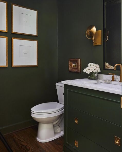 Surrey — River Brook Design & Construction Green Powder Room, Olive Green Bathrooms, Green Bathroom Paint, Small Toilet Design, Wc Ideas, Dark Green Bathrooms, Green Bathroom Vanity, Green Vanity, Polished Nickel Hardware