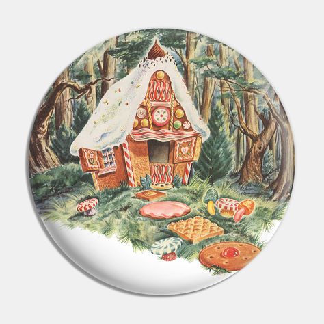 Vintage illustration fairy tales design featuring the witch's house made out of gingerbread and candy. -- Choose from our vast selection of pins to match with your desired size to make the perfect custom pin. Pick your favorite: Movies, TV Shows, Art, and so much more! Available in small and large. Perfect to wear or to decorate your bag or backpack with. Story Book Design, Hansel And Gretel House, Crocs Charm, Charm Ideas, Pumpkin House, Hansel And Gretel, Candy House, Fairy Tales For Kids, Vintage Fairy