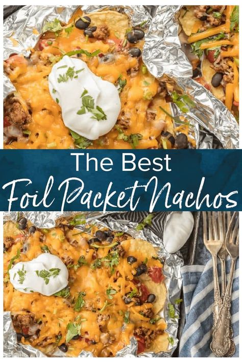 The Best Nachos Recipe is one that's easy, delicious, and quick. That's exactly what these Foil Packet Nachos are! Loaded with beef, tomatoes, green chiles (and more), and covered in melty cheese...I'm obsessed! I love foil packet recipes and these nachos can be made in the oven or on the grill. Tin Foil Packet Nachos, Campfire Nachos Foil Pan, Nachos On The Grill, Camping Nachos, Best Nachos Recipe, Best Nacho Recipe, Best Nachos, Foil Meals, Outdoor Griddle