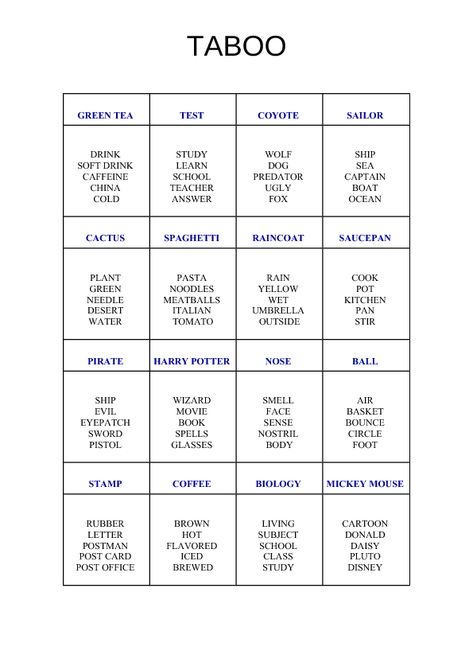 Taboo Taboo Cards Printable, Taboo Cards, Taboo Words, Taboo Game, Esl Games, Guess The Word, English Games, Game Template, Speaking Activities