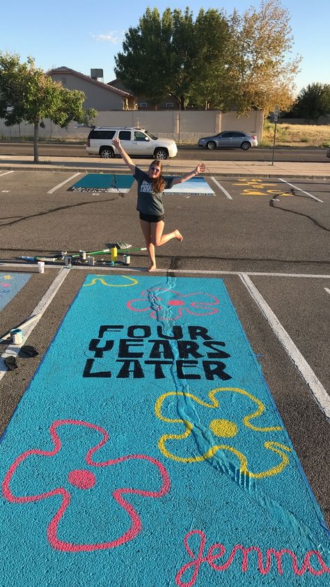 Cute Parking Spot Painting Ideas, Highschool Parking Spot Ideas, Painted Parking Spaces Ideas, Unique Senior Parking Spot Ideas, Senior Year Planning, Senior Parking Spot Ideas, Senior Year Diy, Parking Spot Ideas, Senior Year Scrapbook