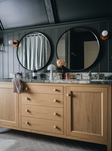 The Regent is inspired by clean lined, classic furniture. Up on legs, it is loaded with efficient storage space and makes a quiet statement of strength. The 72” wide vanity is a double sink vanity. Height: 34.5”Depth: 21”Interior Depth: 19.5”Maximum Sink Width: 20.5” Photo shows the 51” wide vanity in Walnut, which we no longer offer. The Newcastle wood finish is the most similar finish we offer. We recommend ordering a sample to see how the colors you are interested in look in your space. Click here to see our curated colors and wood finishes. Stoffer Home Cabinetry vanities include cabinetry only, and do not include countertop, sink, faucet or hardware. Vanities ship in 10-12 weeks. Master Bath Vanity Remodel, Jean Stoffer Bathroom, Dark Master Bath, Custom Vanity Bathroom, Antique Dresser Vanity, Double Vessel Sink Vanity, Vanity Height, Kids Bathroom Vanity, Stoffer Home