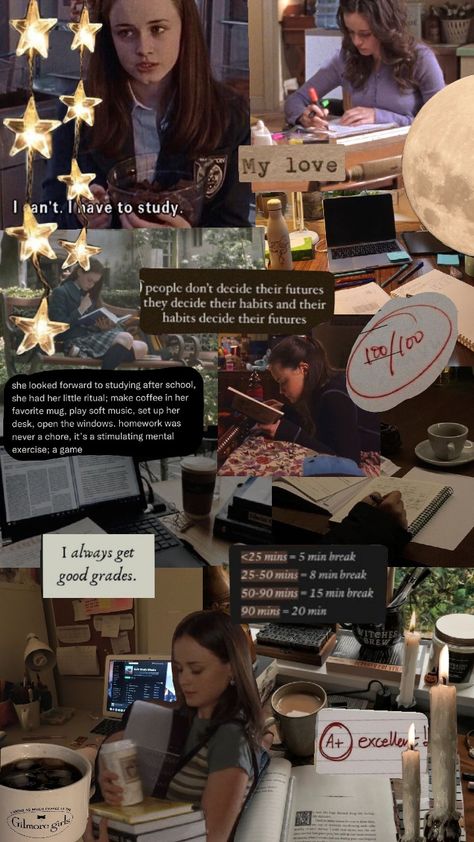 Rory Gilmore study motivation 📚📖🕰️☕🎧 #study #studymotivation #rorygilmore #gilmoregirls Rory Study Motivation Wallpaper, Study Motivation Films, Study Mode Wallpaper, Rory Gilmore Quotes Study, Rory Gilmore Wallpaper Study, Rory Gilmore Collage, Rory Gilmore Moodboard, Rory Gilmore Aesthetic Wallpaper, Rory Gilmore Aesthetic Study