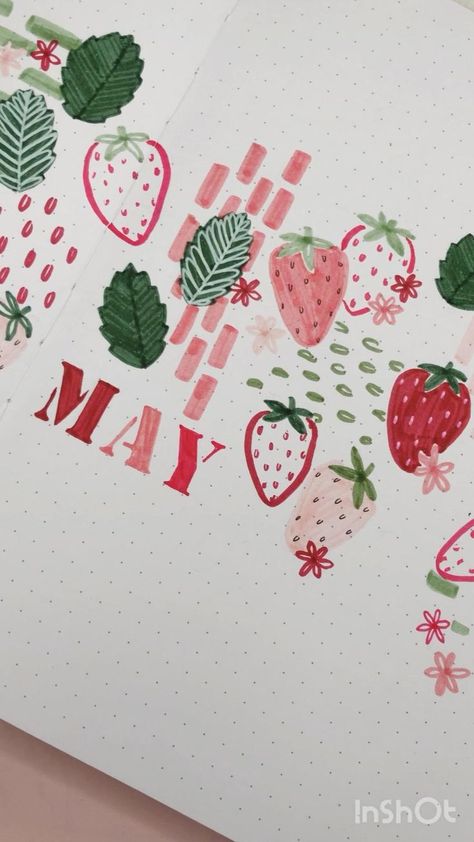 May Bujo Theme Ideas, Bujo Strawberry Theme, Flower Bullet Journal Theme, May Bujo Theme, Strawberry Bujo, Strawberry Bullet Journal, May Lettering, Journal Lettering Ideas, May Bullet Journal