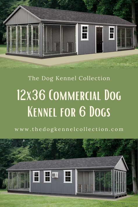 This 12x36 Commercial Dog Kennel is shown with Dark Gray Siding, White Trim and a Black Door. The roof on this dog kennel is covered with Charcoal Shingles. This kennel is shown with the standard trim package. Extra features shown in this kennel include 4′ High Solid Dividers, AC Unit, Envi Space Heater, Hose Port, Stainless Steel Channel Drain, and the Electrical Package. Gray Siding White Trim, Dark Gray Siding, Commercial Dog Kennel, Dog Kennel Flooring, Dog Kennel And Run, Diy Dog Run, Gray Siding, Kennel Diy, Kennel Ideas Outdoor