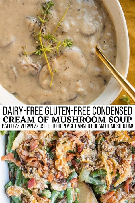 Dairy-Free Condensed Cream of Mushroom Soup (Paleo, Vegan) - The Roasted Root Dairy Free Mushroom Recipes, Gluten Free Mushroom Soup, Dairy Free Thanksgiving Recipes, Gluten Free Dairy Free Recipes Dinner, Dairy Free Thanksgiving, Condensed Cream Of Mushroom Soup, Soup Paleo, Dairy Free Recipes Dinner, Dairy Free Soup