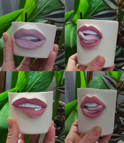 Ceramic Lips Tutorial, Ceramic Lips, Clay Mug Ideas, Clay Lips, Sculpture Art Clay, Clay Diy Projects, Clay Mugs, Creation Deco, Diy Pottery