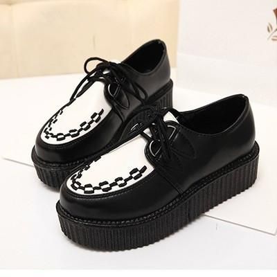 Japanese Harajuku Black White Top Platform Creepers Shoes Size:35~39. Worldwide free shipping with affordable price only at SYNDROME - Kawaii, harajuku, and anime inspired apparel. Platform Creepers, Creepers Shoes, Female Shoes, Black Platform Shoes, Classy Shoes, Women Flats, Casual Flat Shoes, Black Leather Shoes, Casual Flats