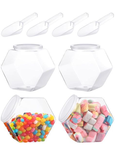 PRICES MAY VARY. 【Keep Your Food Fresh】With airtight lids, these 72oz hexagon candy jars are the perfect solution for storing your favorite candies,cookies,dry goods, nuts, powdered sugar, ensuring they stay fresh and delicious for longer periods of time. 【Durable and Long-lasting】Made from high-quality plastic, these candy jars are built to last. They are resistant to cracks, scratches, and other damages, ensuring that your sweets or other things are stored safely for a long time. 【Easy to Acce Candy Buffet Jars, Buffet Kitchen, Clear Cookies, Dishwasher Pods, Dry Food Storage, Tip Jars, Kitchen Storage Containers, Candy Cookies, Candy Jar