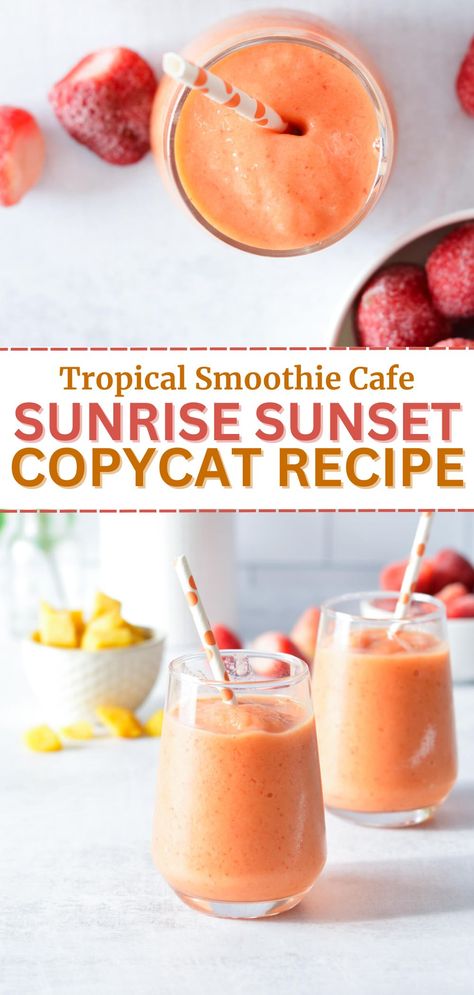 strawberry mango smoothies Sunrise Sunset Smoothie, Sunset Smoothie, Tropical Smoothie Recipes, Tropical Smoothie Cafe, Mango Smoothie Recipes, Fruit Smoothie Recipes Healthy, Smoothie Drink Recipes, Summer Smoothies, Tropical Smoothie