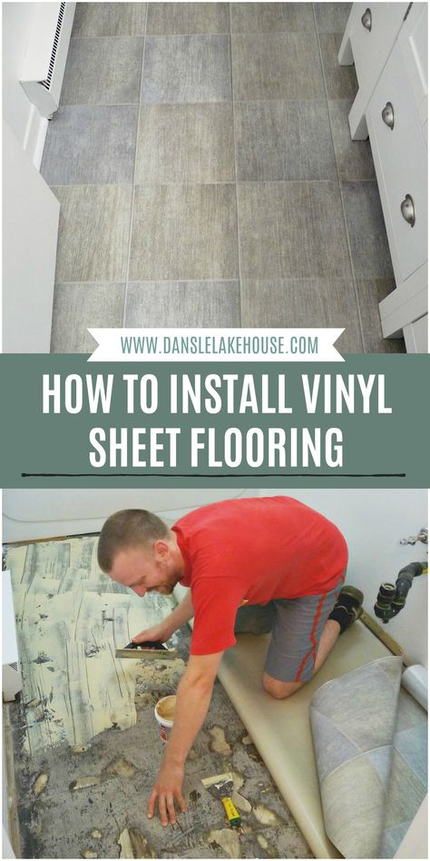 How to Install Vinyl Sheet Flooring - tips and tricks! Plus why I love vinyl sheet flooring: it's affordable, budget-friendly, easy to install and great for beginner DIY renovation projects! Perfect for bathrooms and kitchens. See my vinyl sheeting flooring bathroom installation. Great cheap flooring ideas on a budget that still look good and function well! #vinylsheet #cheapflooring Easy Diy Kitchen Flooring, Install Vinyl Sheet Flooring, How To Install Vinyl Sheet Flooring, Cheap Flooring Ideas, Vinyl Roll Flooring, Diy Vinyl Flooring, Roll Vinyl Flooring, Easy Flooring, Homestead Skills