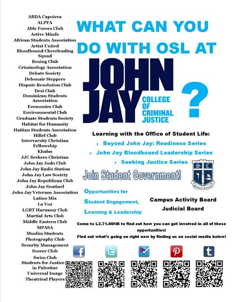 Wonder what you can get involved with at John Jay?  Here's a list of ALMOST everything you can do at Student Life John Jay College, John Jay, Dream College, Habitat For Humanity, Mindfulness Activities, College Graduation, Student Life, Economics, Cheerleading