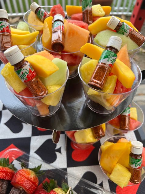 Chamoy Party Table, Mexican Fruit Bar Ideas, Mexican Candy Wedding Table, Fruit Cups For Party Mexican, Quince Snack Table Ideas, Michelada Station Ideas, Tostilocos Table Party Ideas, Mexican Treat Table Ideas, Antojitos Table