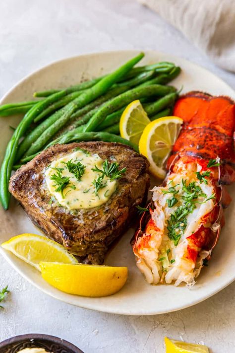 Surf and Turf (Steak and Lobster) - The Cookie Rookie® Surf And Turf Lobster, Lobster Surf And Turf, Surf And Turf Recipes Lobster Tails, Steak And Lobster Dinner For Two, Surf And Turf Recipes, Surf And Turf Dinner, Steak And Lobster Dinner, Surf N Turf Recipes, September Recipes