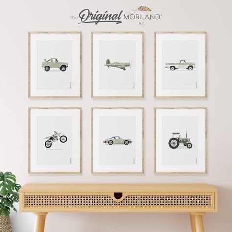 Vehicle Bedroom Boys, Boys Vehicle Bedroom Ideas, Nursery Mood Board Boy, Boy Nursery Ideas Blue, Green Nursery Boy, Boys Wall Decor, Car Nursery, Car Prints, Auto Poster