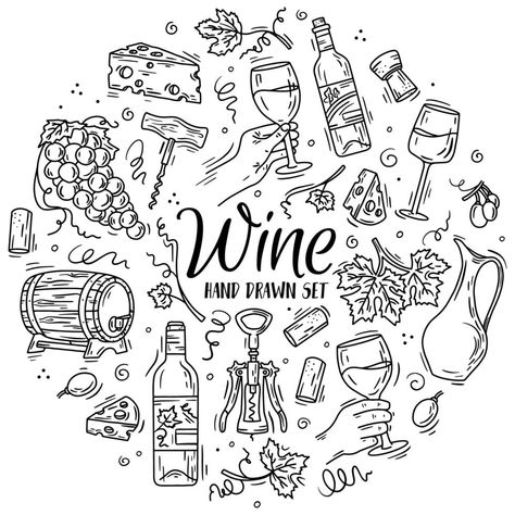 Vector set with wine and cheese in Doodle sketch style. Wine Coloring Pages, Wine Doodle Art, Alcohol Doodles, Wine Doodle, Wine Sketch, Cheese Drawing, Wine Illustration, Clock Drawings, Food Drawings