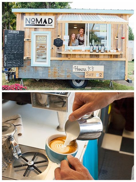 1970s travel trailer-turned-rustic mobile coffee shop that offers an espresso bar and coffee catering services for events. Coffee Catering, Foodtrucks Ideas, Mobile Coffee Cart, Coffee Food Truck, Mobile Cafe, Mobile Coffee Shop, Coffee Trailer, Coffee Van, Mobile Coffee