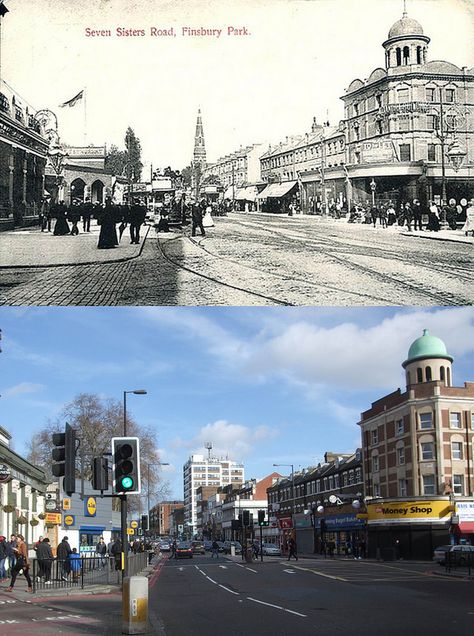 Finsbury Park, Seven Sisters Road at Blackstock Road & Stroud Green Road C1900 & 2014 | by Warsaw1948 Finsbury Park, Seven Sisters, London History, London Town, Old Images, Old London, The 20th Century, Vintage Pictures, London City