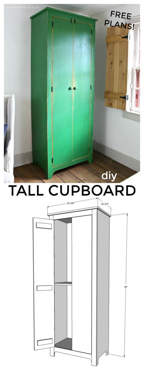 How to build a tall cupboard with free plans.  Tons of adjustable storage for a narrow space. #buildsomething Tall Cupboard, Diy Muebles Ideas, Concealed Storage, Built In Bookcase, Built In Cabinets, Free Plans, Diy Furniture Projects, Woodworking Plans Free, Cupboard Storage