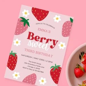 Strawberry birthday invitation - Etsy Strawberry Birthday Invite, Strawberry Two Birthday, Berry Sweet Birthday Invitation, Berry First Invitation, Strawberry First Birthday Invitations, Sweet One Strawberry Birthday Theme, Berry First Birthday Invitation Free, Berry 1st Birthday Invitation, Strawberry Party Invitations