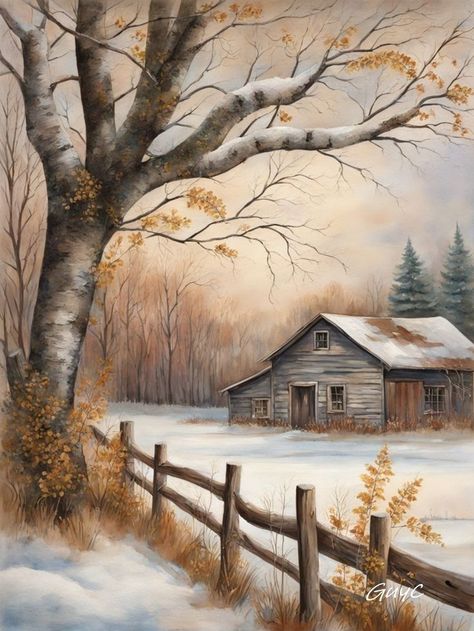 Country Cottage Art, Beautiful Landscapes Paintings Acrylics, Winter Scene Paintings, Winters Tafereel, Sunset Canvas Painting, Barn Pictures, Farm Paintings, Winter Landscape Painting, Barn Painting