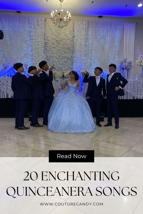 Quinceanera Venue Rancho, Light Blue Quince Court, Blue Quince Chambelanes, Oldies Quinceanera Theme, Quince Picture Ideas With Court, Songs For Quinceanera, Quince Court Dresses, Blue Quince Theme, Quinceañera Aesthetic