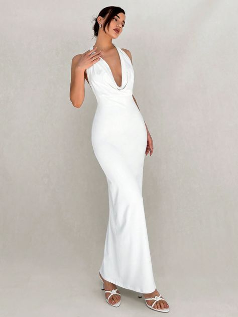 SHEIN Aloruh Simple And Elegant Draped Neck Backless Long White Dress For Women Ball PartyI discovered amazing products on SHEIN.com, come check them out! White Dress For Women, Ball Party, Elegant Drapes, Long White Dress, White Dresses For Women, Dress For Women, White Dress, Womens Dresses, White