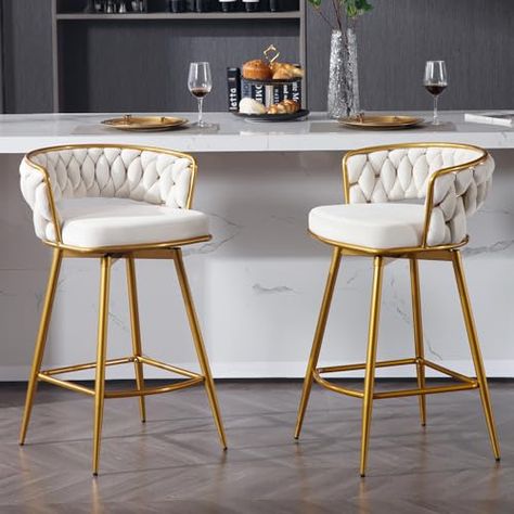 BFZ Velvet Bar Stools Set of 2, 26 inch Seat Height Counter Height Bar Stools, Upholstered Bar Chairs with Woven Backrest and Footrest, 180°Swivel Golden Counter Height Bar Stools for Kitchen Island Coffee Bar Island, Kitchen Island Chair, Kitchen Island Bar Stools, Counter Coffee Bar, Island Chair, Gold Bar Stools, Bar Island, Island Chairs, Island Stools